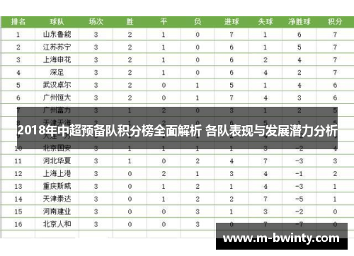 2018年中超预备队积分榜全面解析 各队表现与发展潜力分析